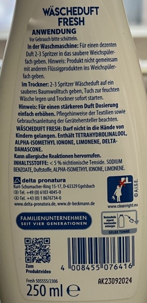 Dr Beckmann Fresh Perfumy do Prania i Suszarki 250ml Zapach do Ubrań