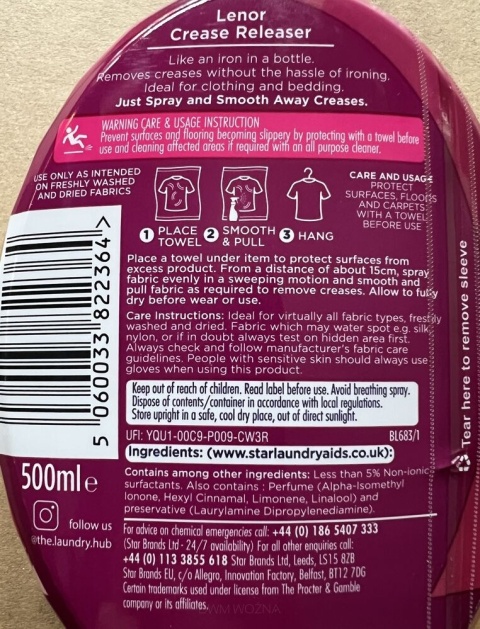 Lenor Ruby Jasmine 500ml żelazko w sprayu ułatwia prasowanie tkanin odzieży